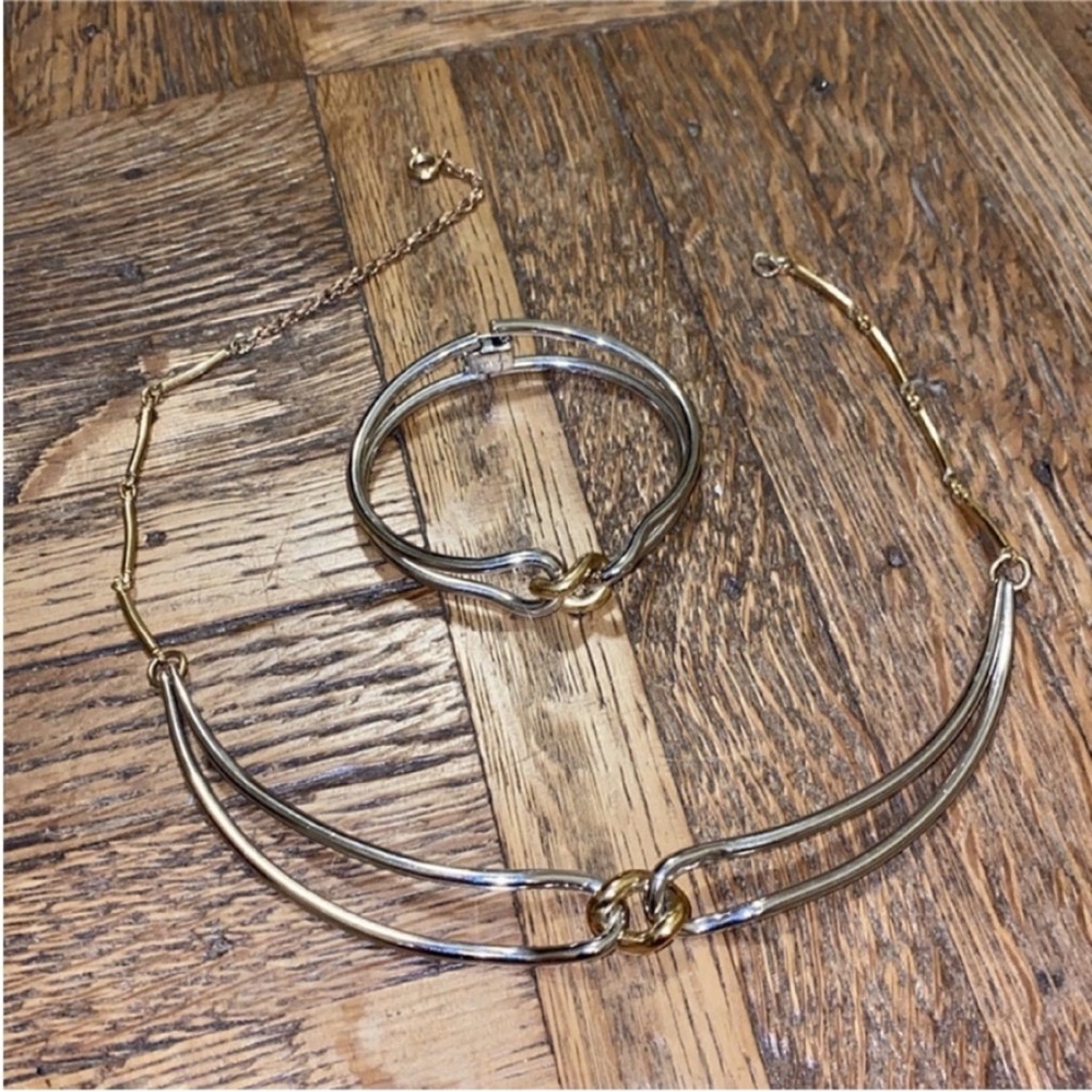 Silver and gold tone link choker and bracelet set 1980s jewelry set